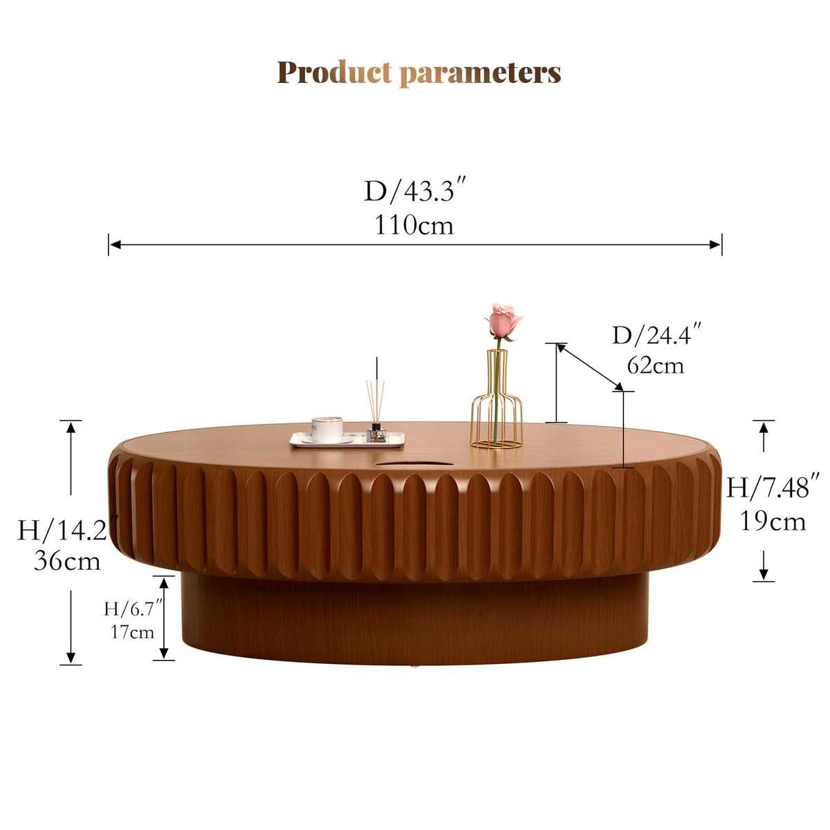 Fluted Drum Solid Wood Coffee Tabler (walnut 100 cm)