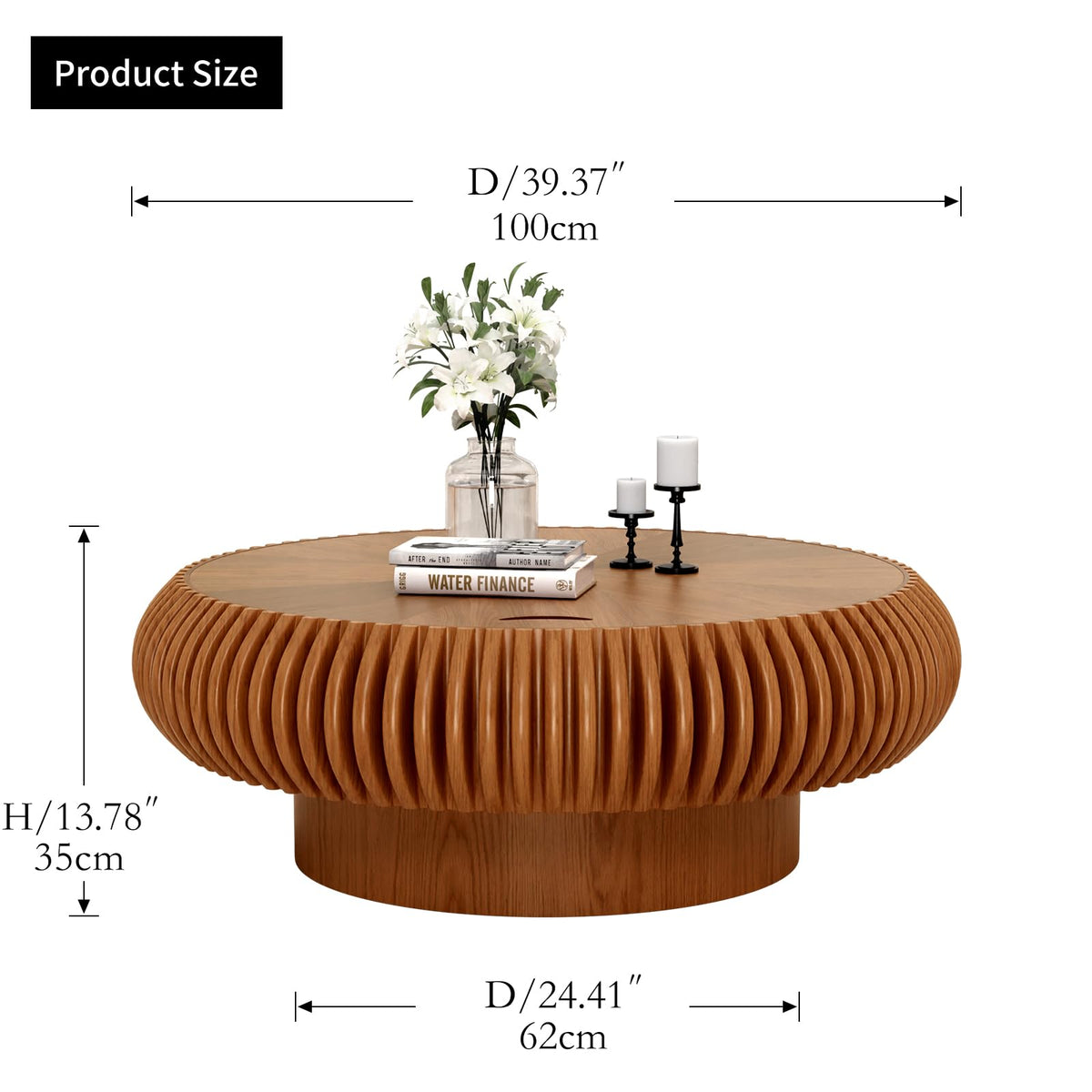 Fluted Drum Solid Wood Coffee Tabler (walnut 100 cm)