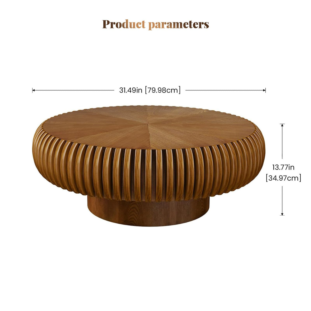 Fluted Drum Solid Wood Coffee Tabler (walnut 100 cm)