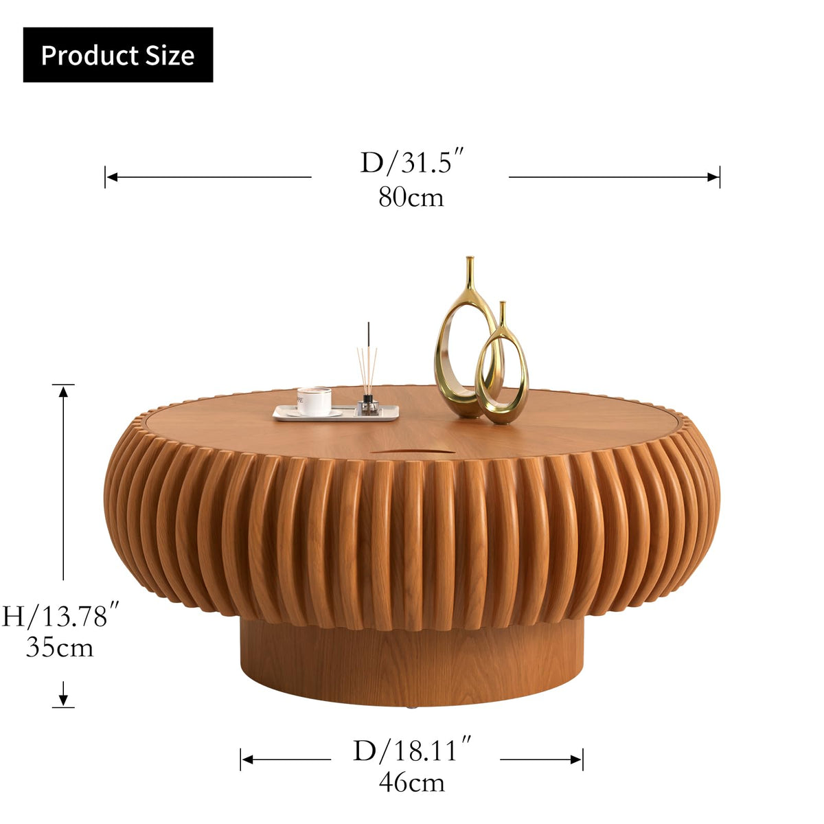 Fluted Drum Solid Wood Coffee Tabler (walnut 100 cm)