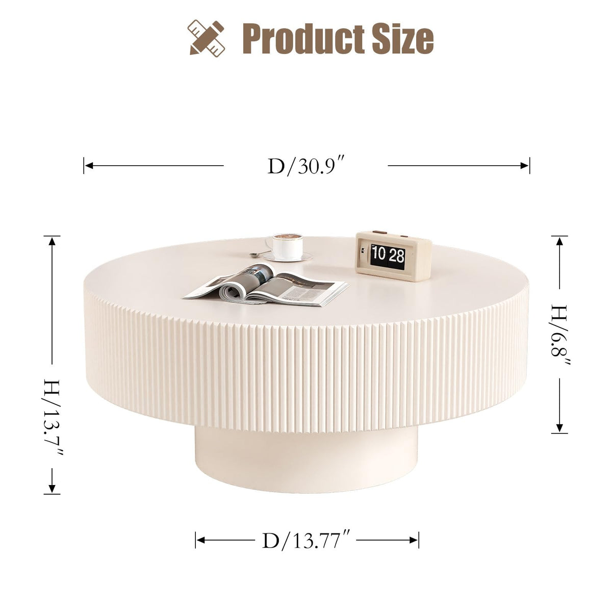 Fluted Drum Solid Wood Coffee Tabler (walnut 100 cm)