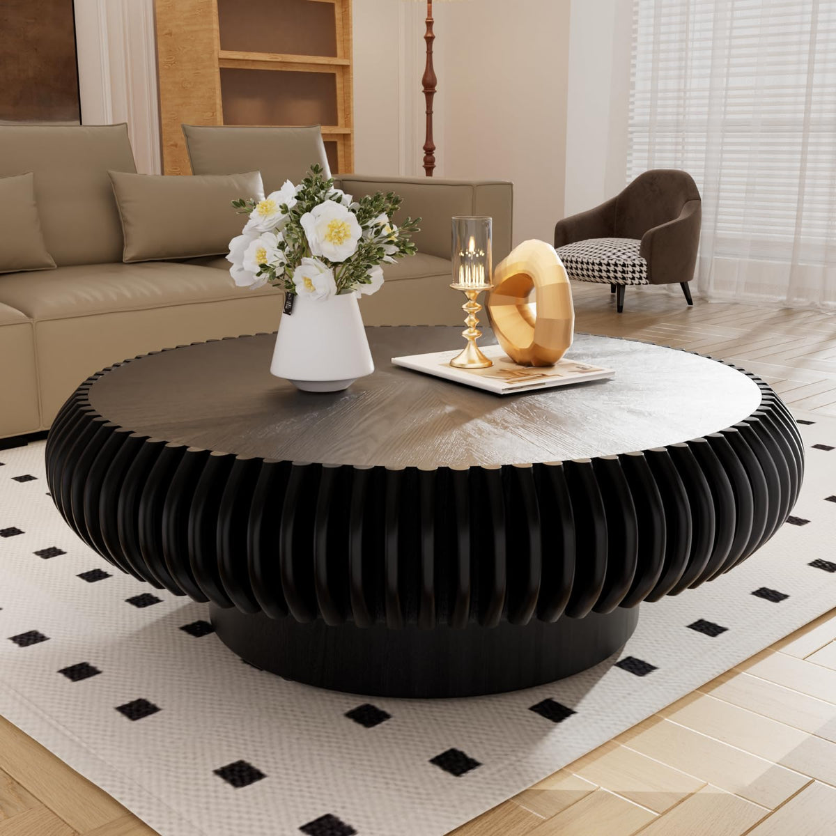 Fluted Drum Solid Wood Coffee Tabler (walnut 100 cm)