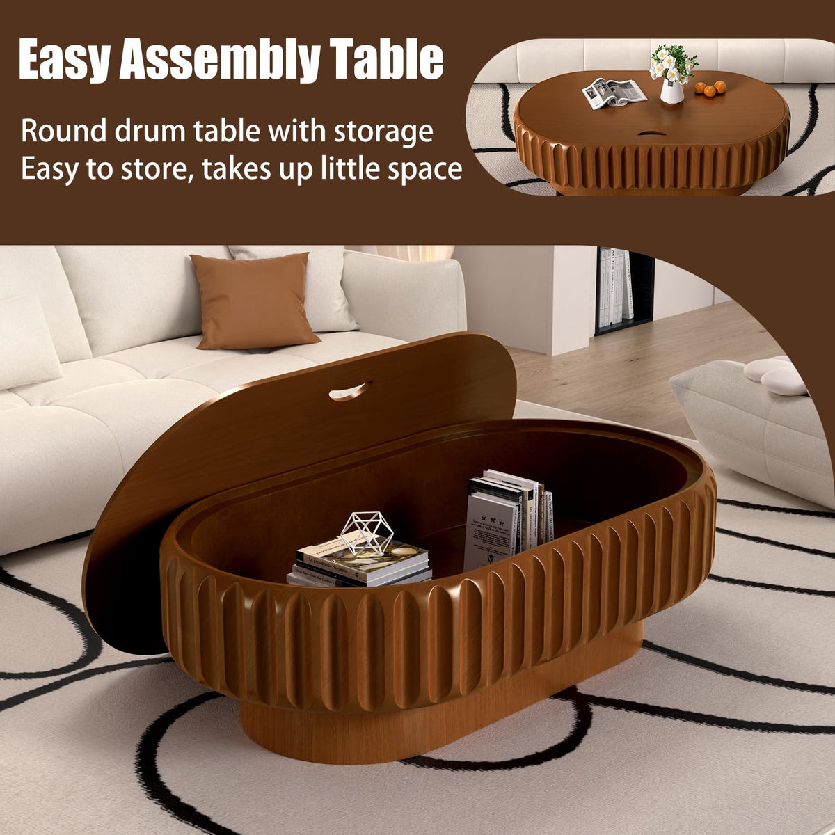 Fluted Drum Solid Wood Coffee Tabler (walnut 100 cm)