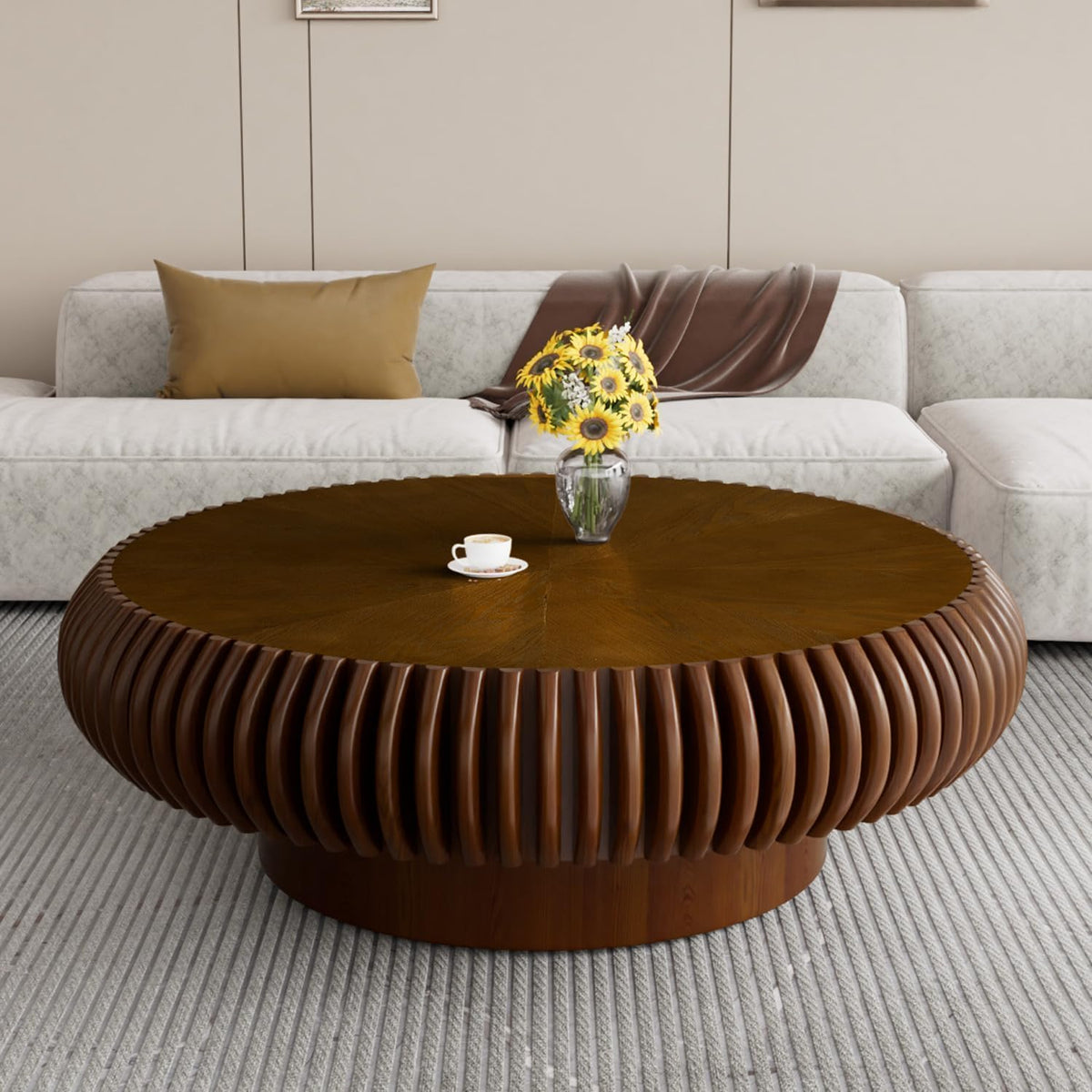 Fluted Drum Solid Wood Coffee Tabler (walnut 100 cm)