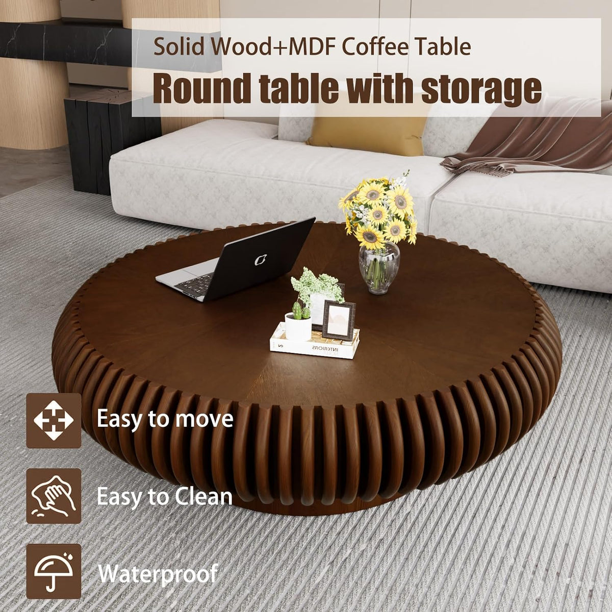 Fluted Drum Solid Wood Coffee Tabler (walnut 100 cm)