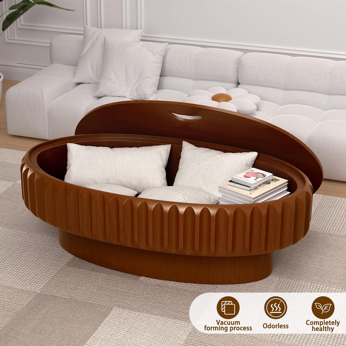 Fluted Drum Solid Wood Coffee Tabler (walnut 100 cm)