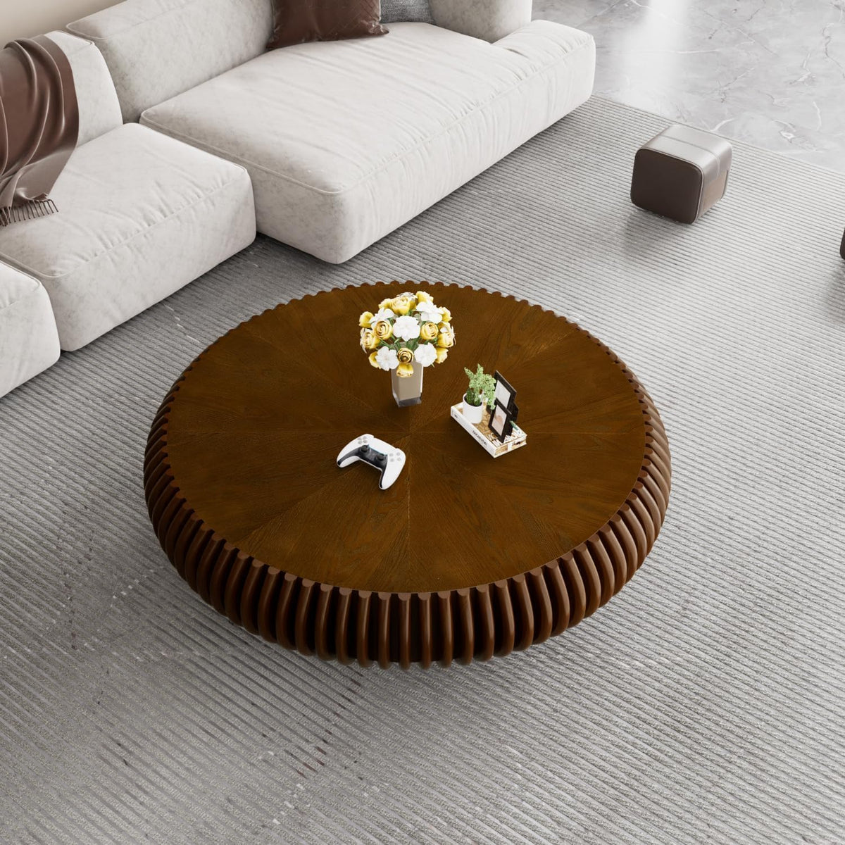 Fluted Drum Solid Wood Coffee Tabler (walnut 100 cm)
