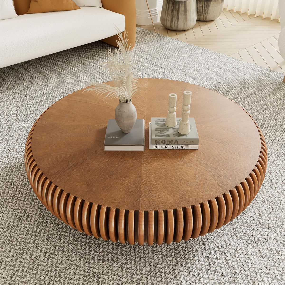 Fluted Drum Solid Wood Coffee Tabler (walnut 100 cm)