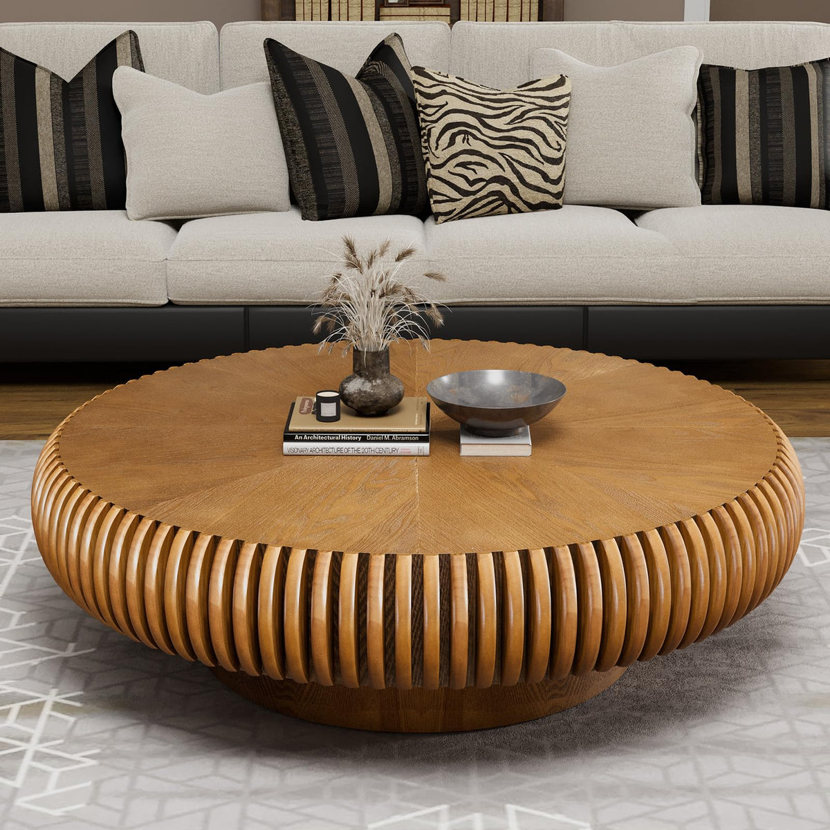 Fluted Drum Solid Wood Coffee Tabler (walnut 100 cm)
