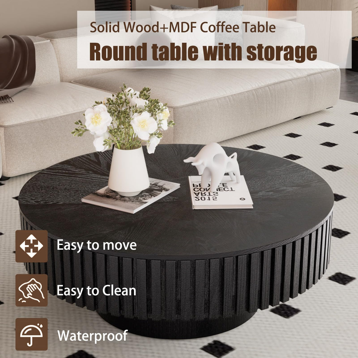 Fluted Drum Solid Wood Coffee Tabler (walnut 100 cm)