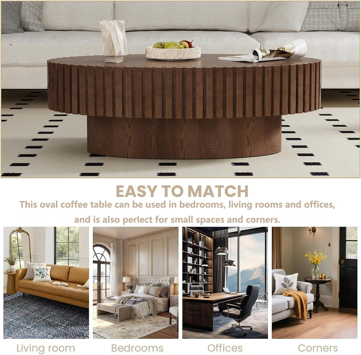 Handmade Modern Oval Fluted Drum Coffee Table (V)