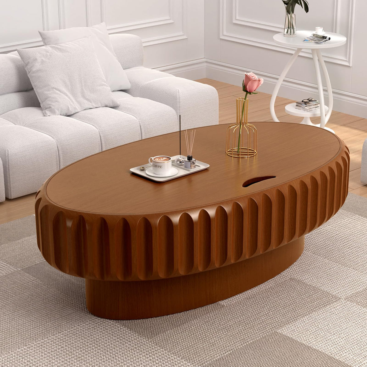 Fluted Drum Solid Wood Coffee Tabler (walnut 100 cm)