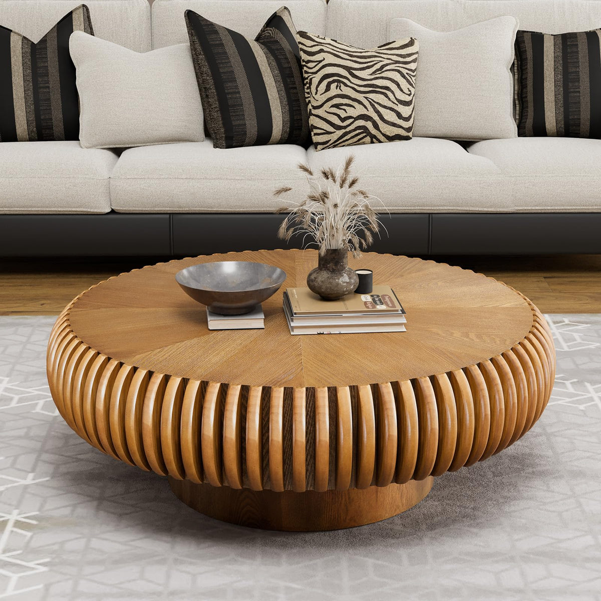 Fluted Drum Solid Wood Coffee Tabler (walnut 100 cm)