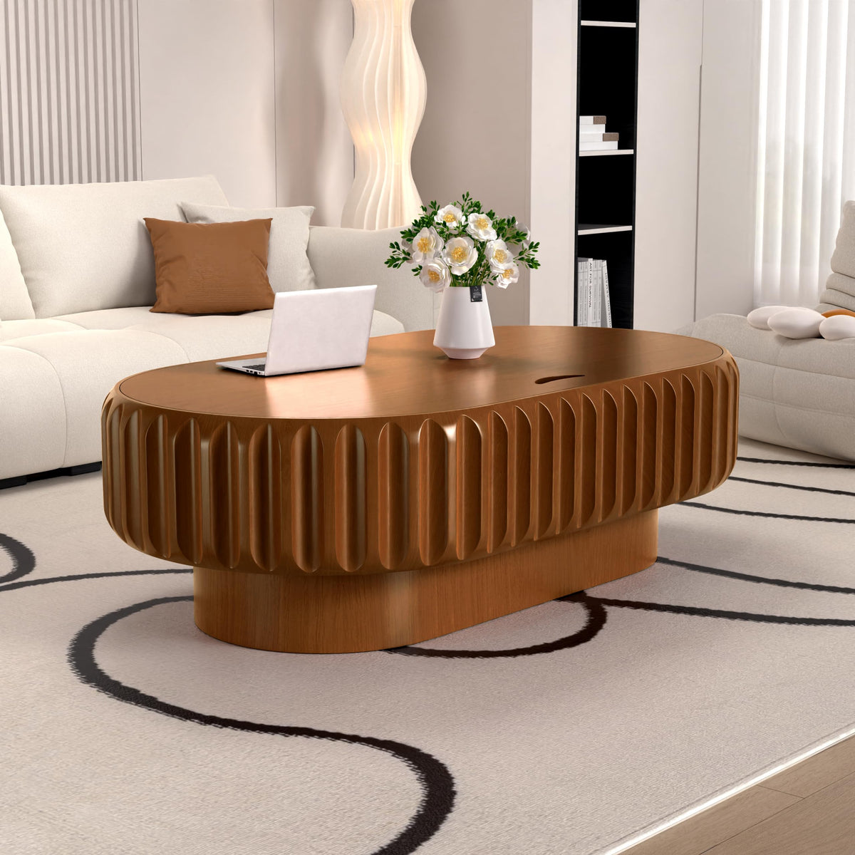 Fluted Drum Solid Wood Coffee Tabler (walnut 100 cm)