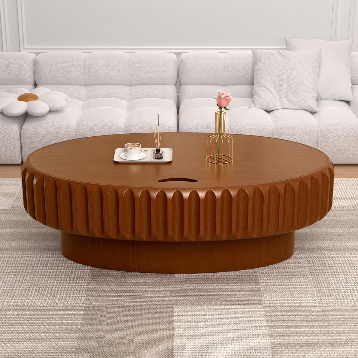Fluted Drum Solid Wood Coffee Tabler (walnut 100 cm)