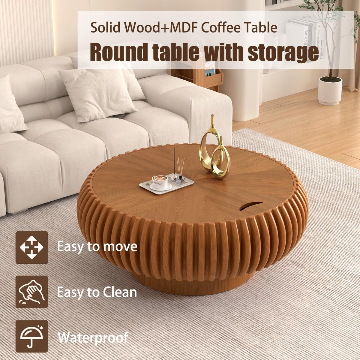 Fluted Drum Solid Wood Coffee Tabler (walnut 100 cm)