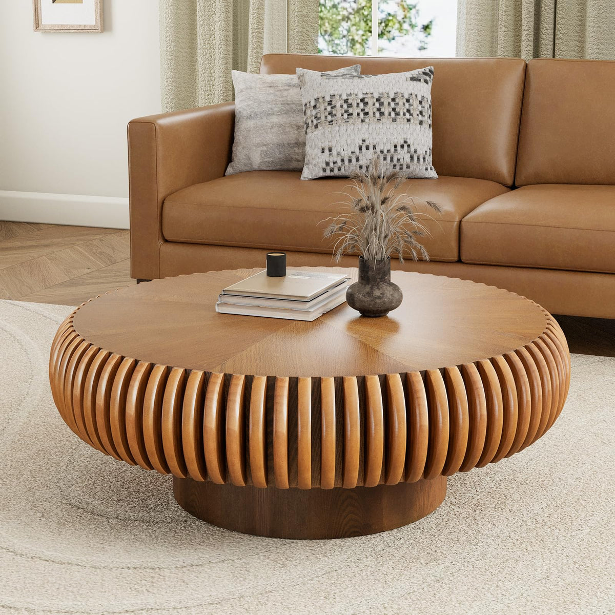 Fluted Drum Solid Wood Coffee Tabler (walnut 100 cm)