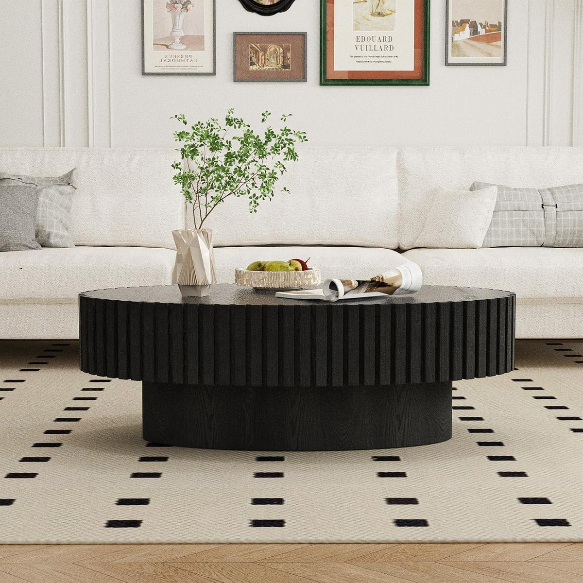 Fluted Drum Solid Wood Coffee Tabler (walnut 100 cm)