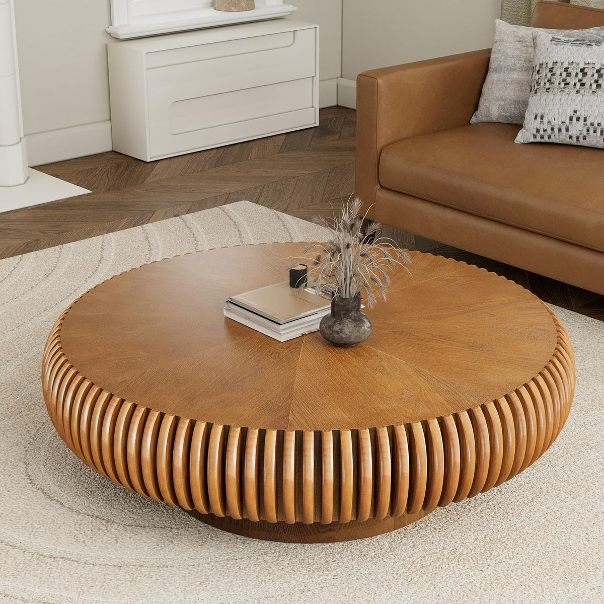 Fluted Drum Solid Wood Coffee Tabler (walnut 100 cm)