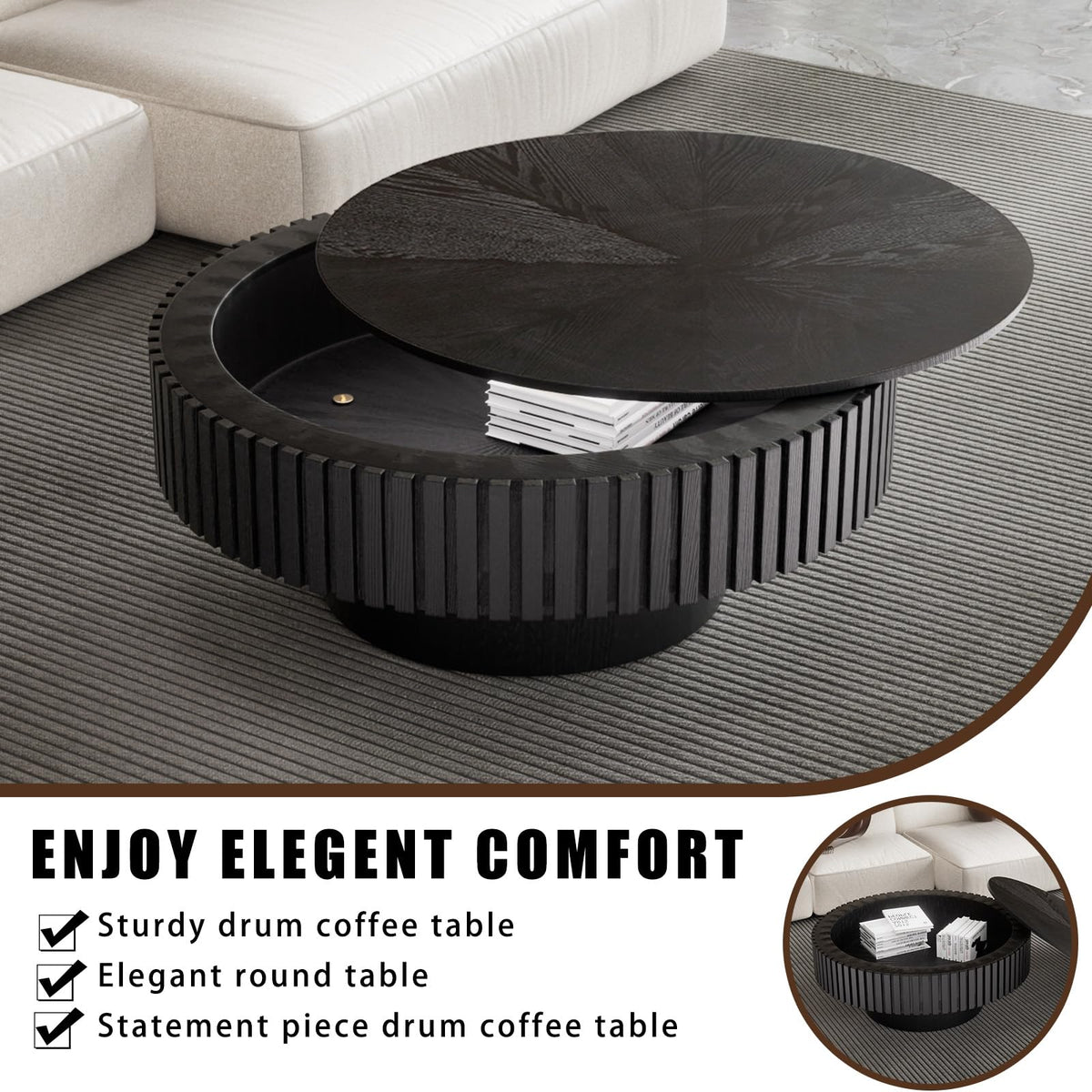 Fluted Drum Solid Wood Coffee Tabler (walnut 100 cm)