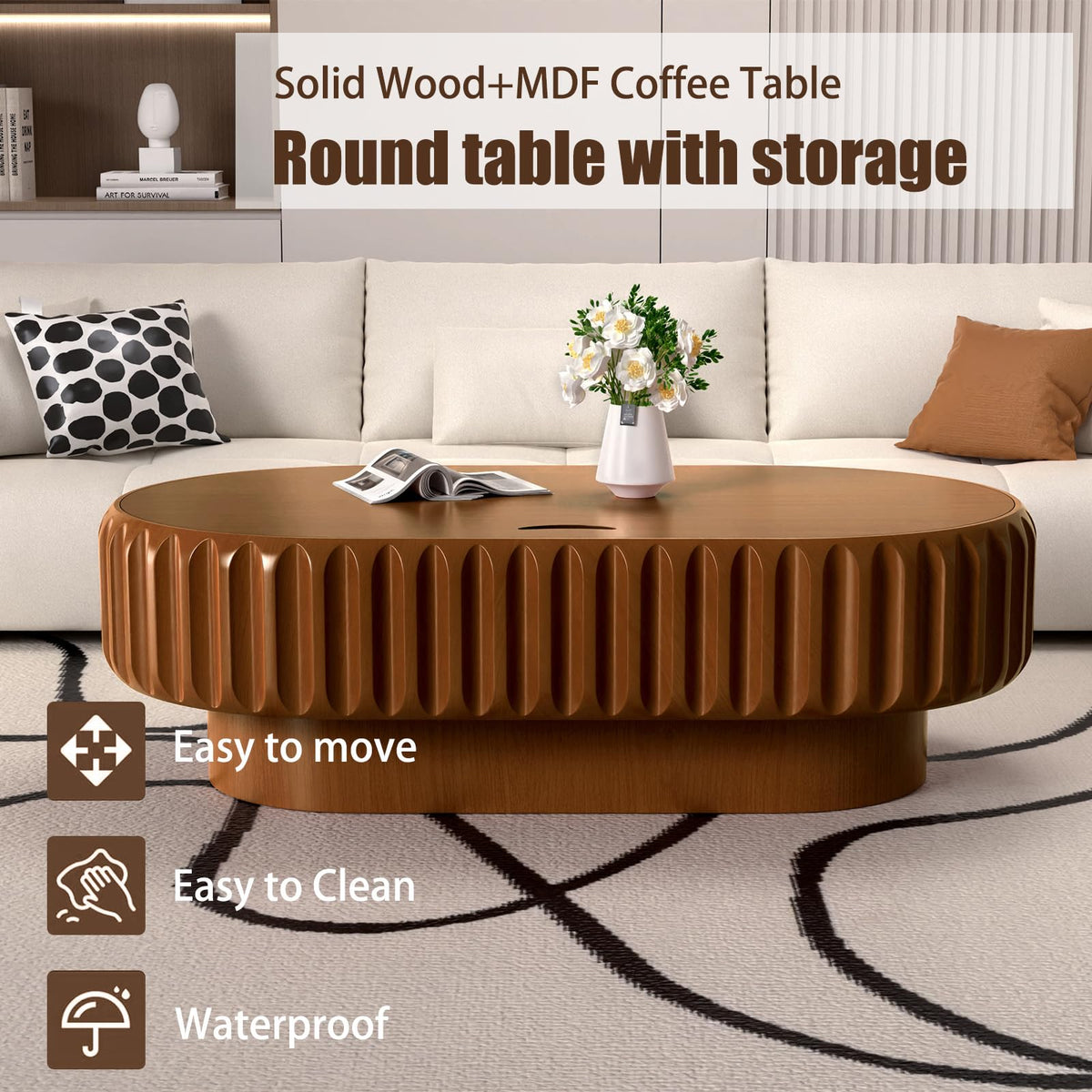 Fluted Drum Solid Wood Coffee Tabler (walnut 100 cm)