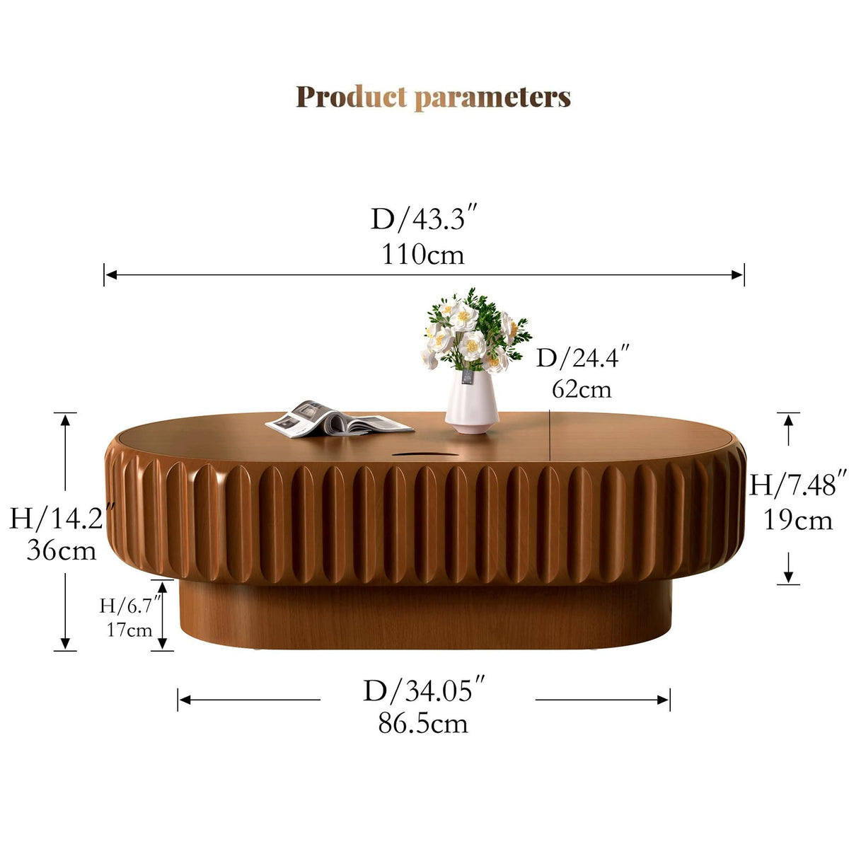 Fluted Drum Solid Wood Coffee Tabler (walnut 100 cm)
