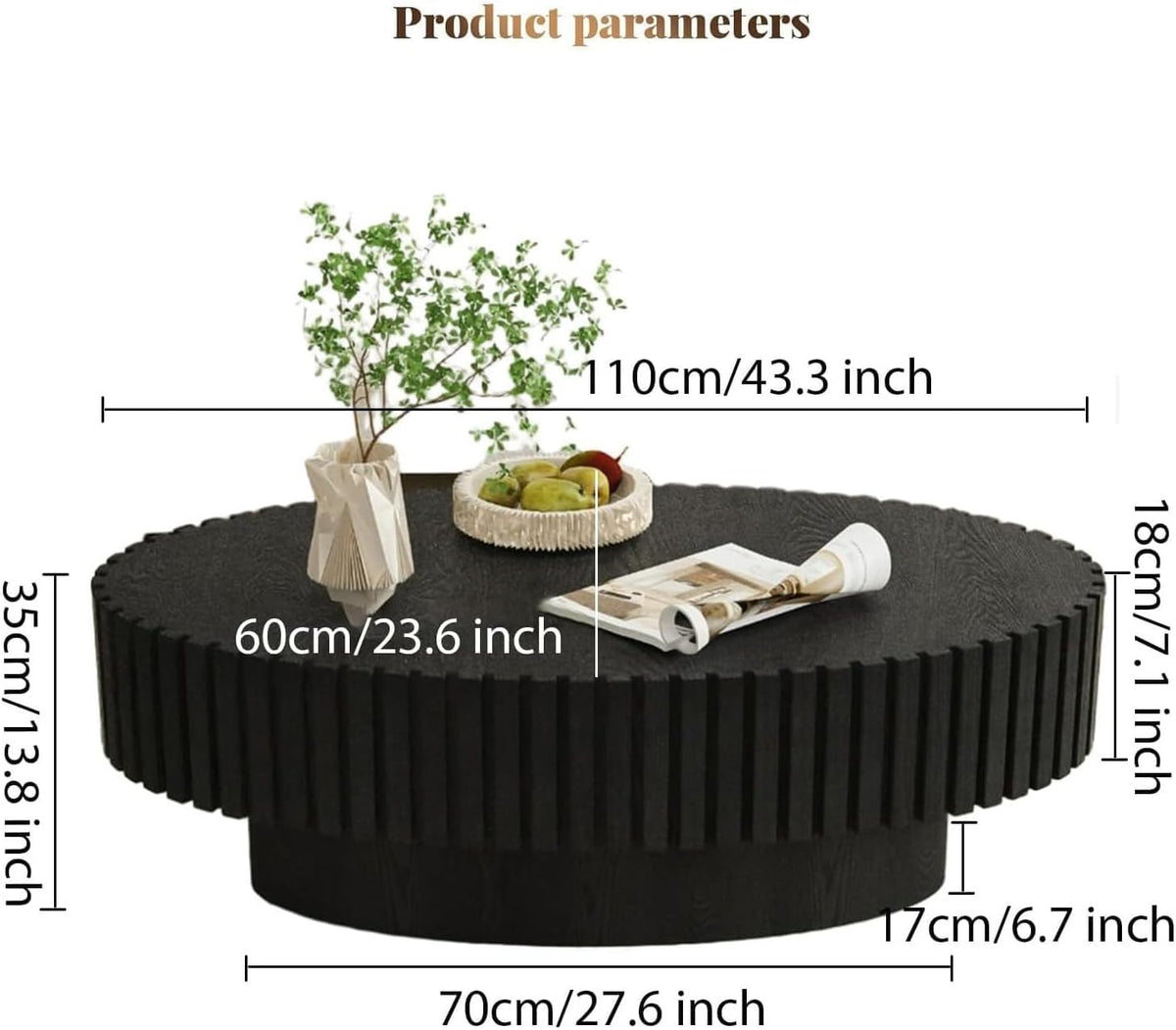 Fluted Drum Solid Wood Coffee Tabler (walnut 100 cm)