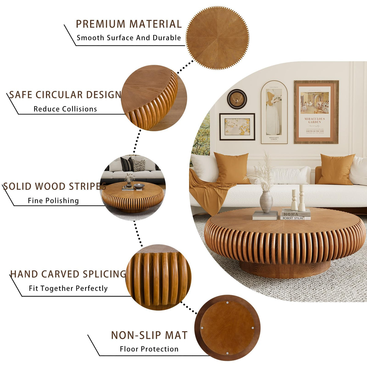 Fluted Drum Solid Wood Coffee Tabler (walnut 100 cm)