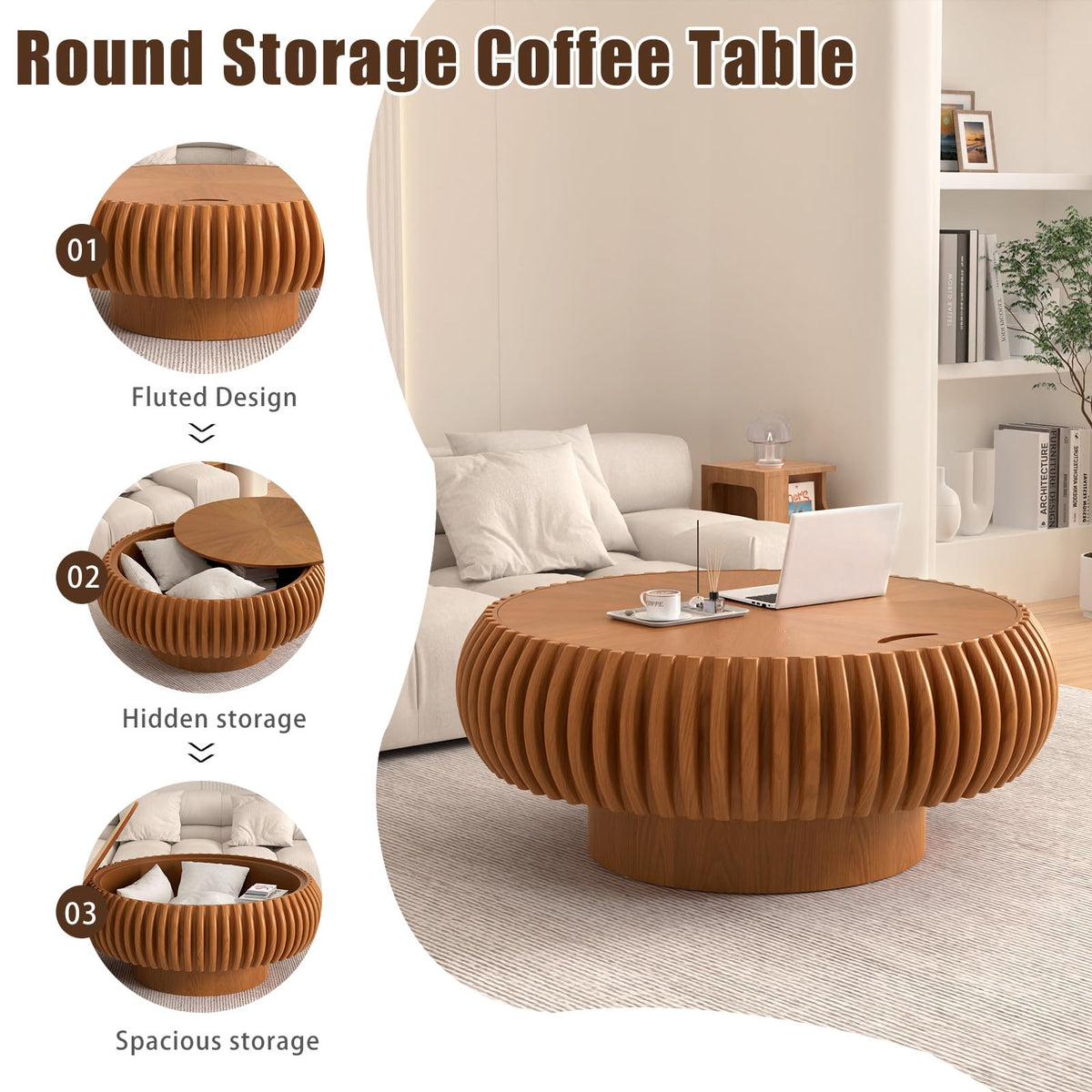 Fluted Drum Solid Wood Coffee Tabler (walnut 100 cm)