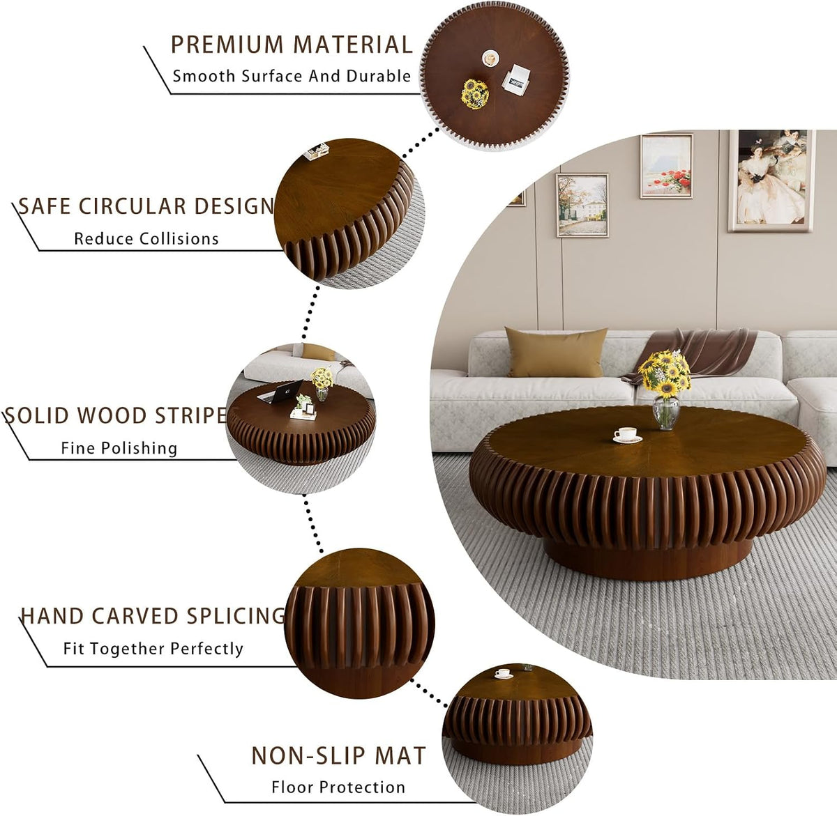Fluted Drum Solid Wood Coffee Tabler (walnut 100 cm)