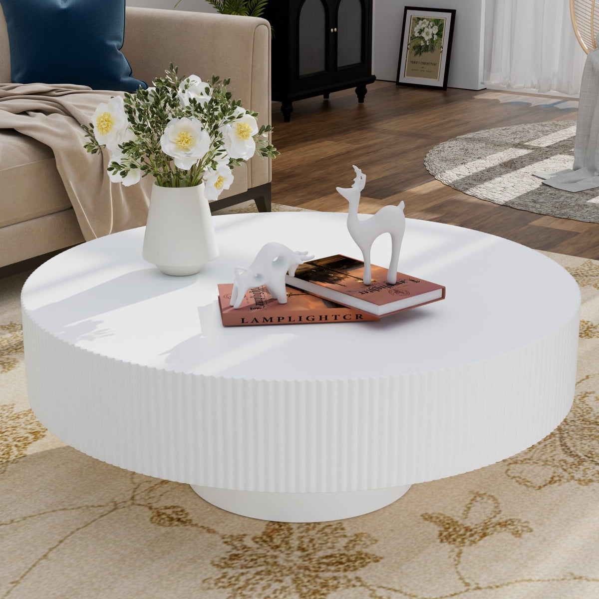 Fluted Drum Solid Wood Coffee Tabler (walnut 100 cm)