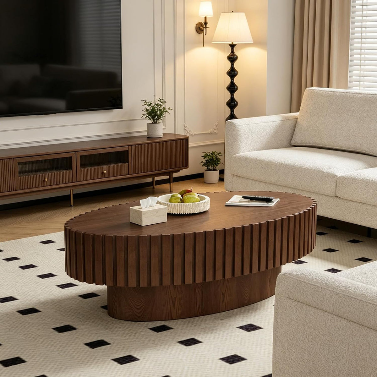 Handmade Modern Oval Fluted Drum Coffee Table (V)