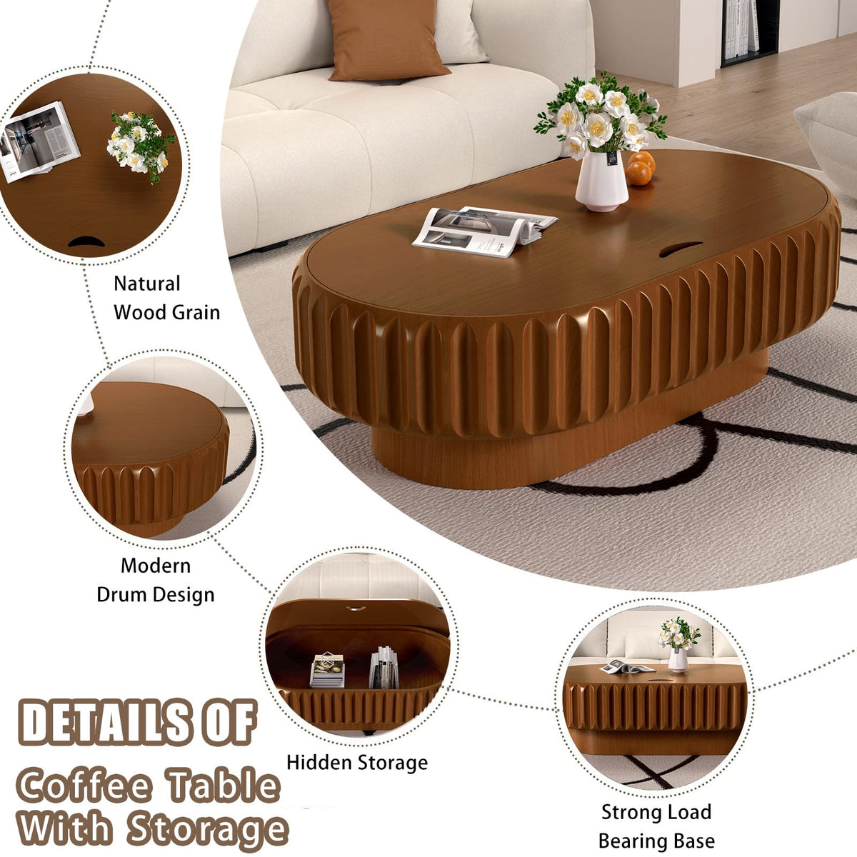 Fluted Drum Solid Wood Coffee Tabler (walnut 100 cm)