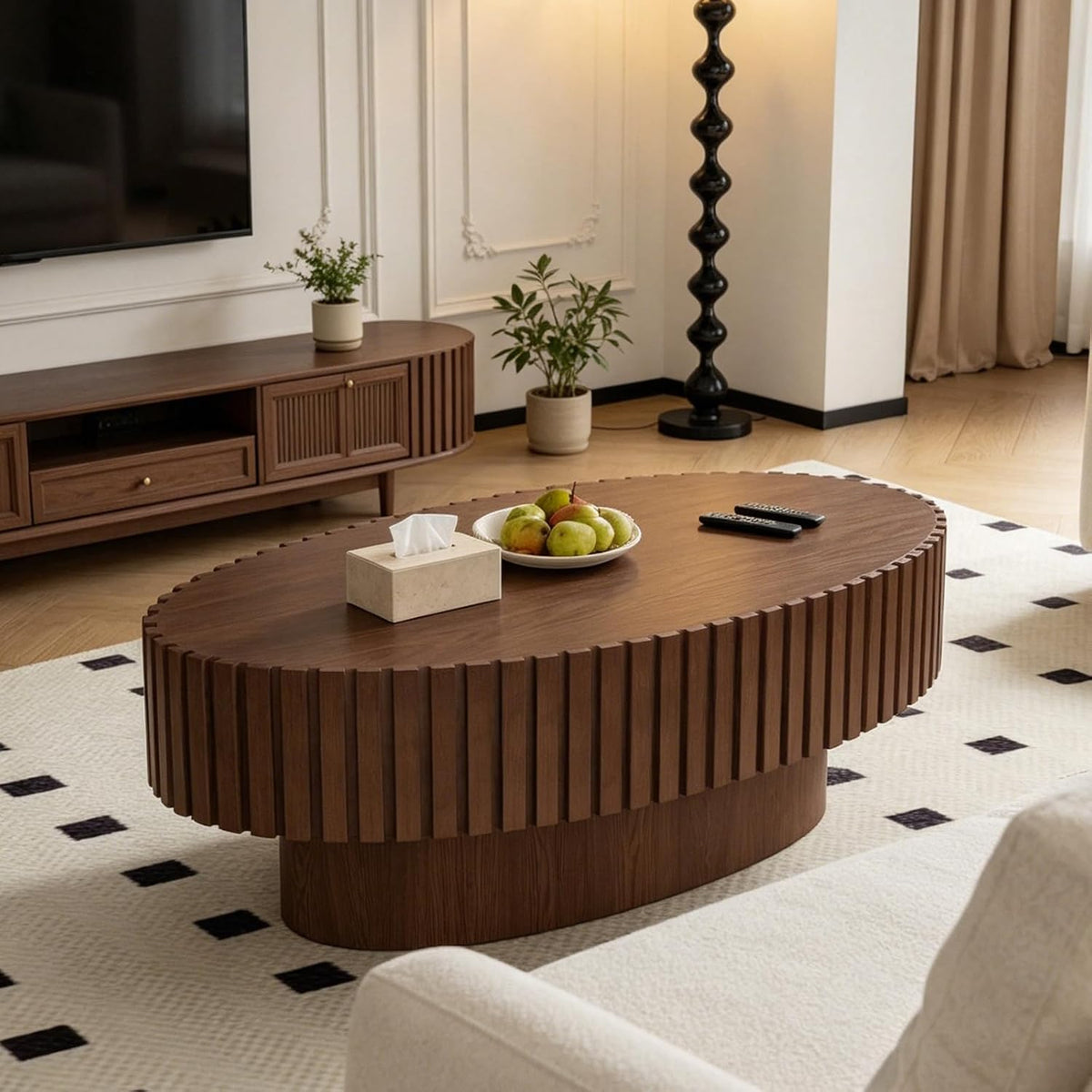 Handmade Modern Oval Fluted Drum Coffee Table (V)