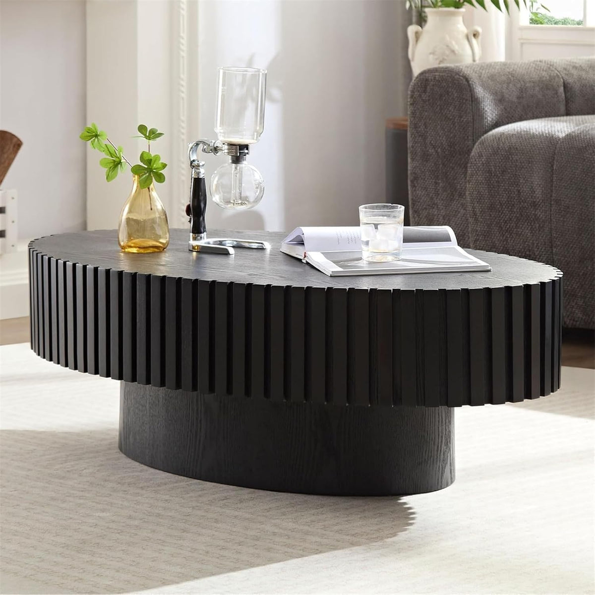 Fluted Drum Solid Wood Coffee Tabler (walnut 100 cm)