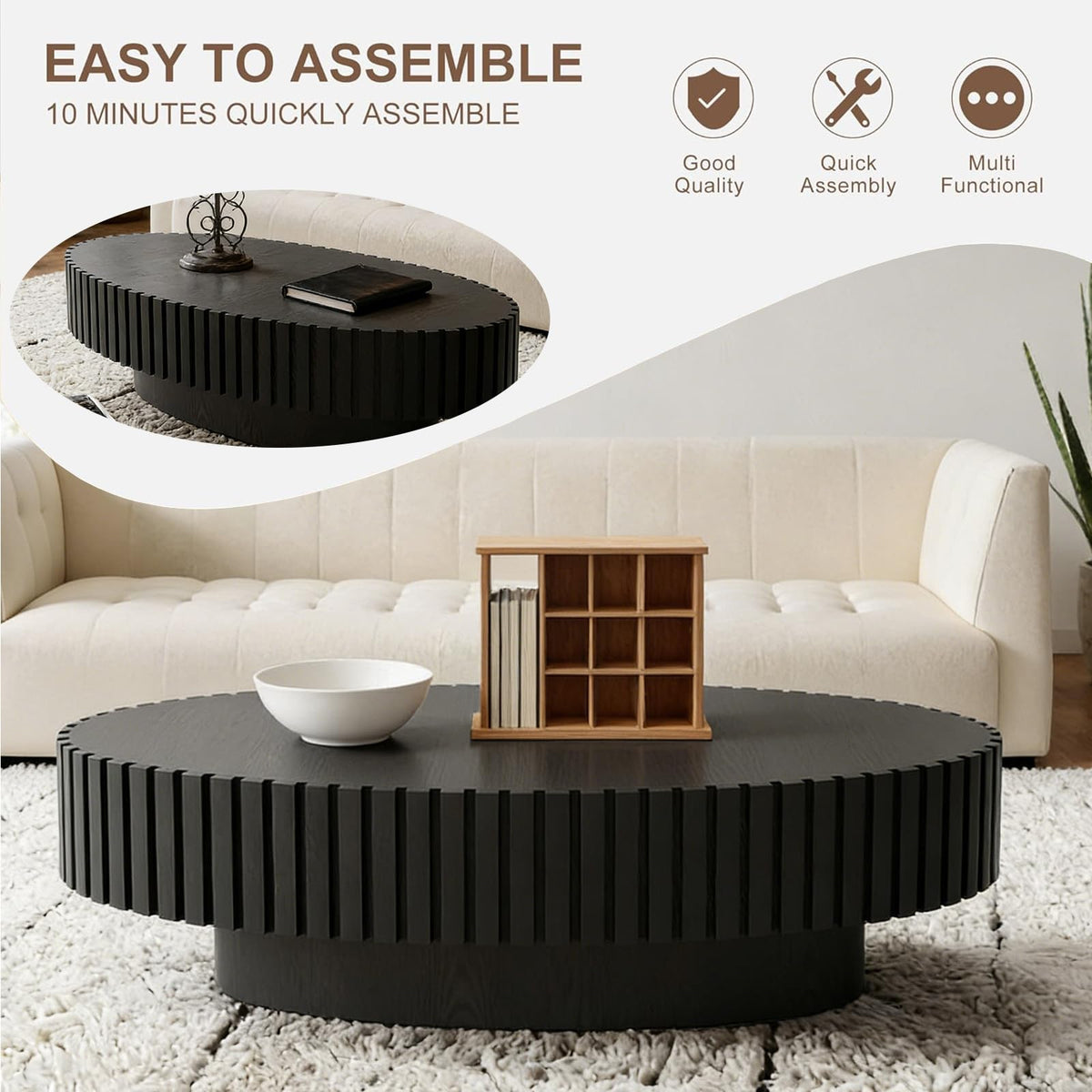 Handmade Modern Oval Fluted Drum Coffee Table (V)