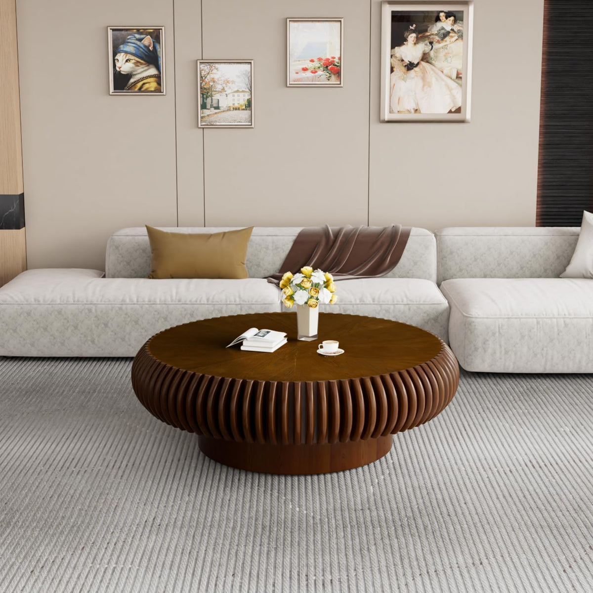 Fluted Drum Solid Wood Coffee Tabler (walnut 100 cm)
