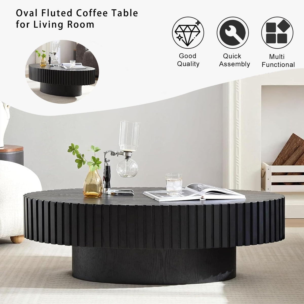 Fluted Drum Solid Wood Coffee Tabler (walnut 100 cm)