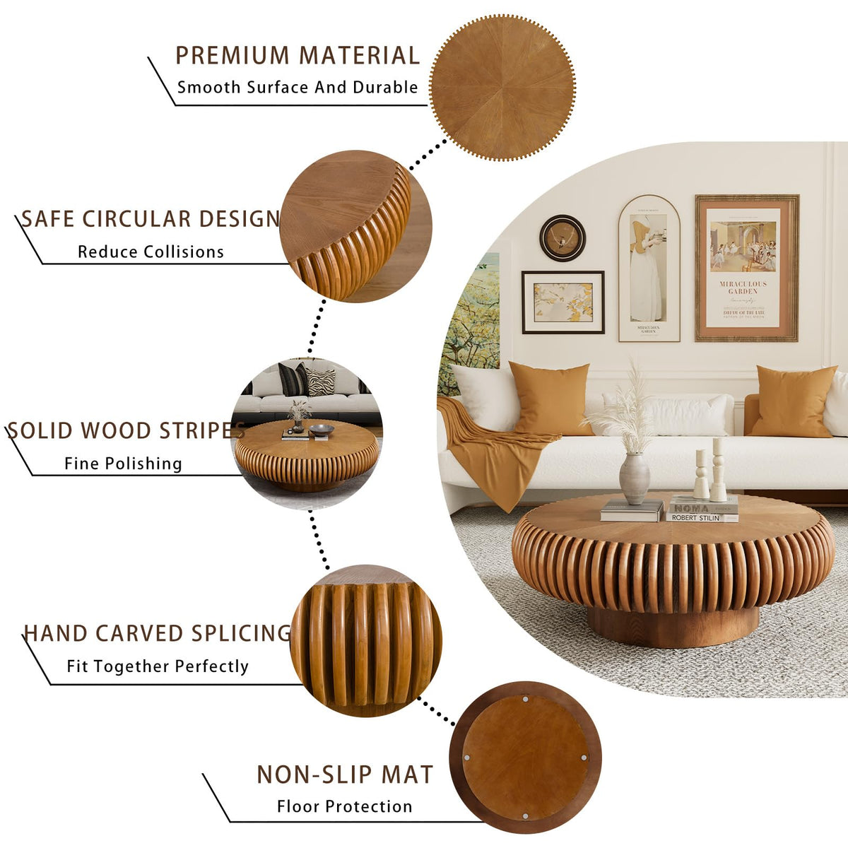 Fluted Drum Solid Wood Coffee Tabler (walnut 100 cm)