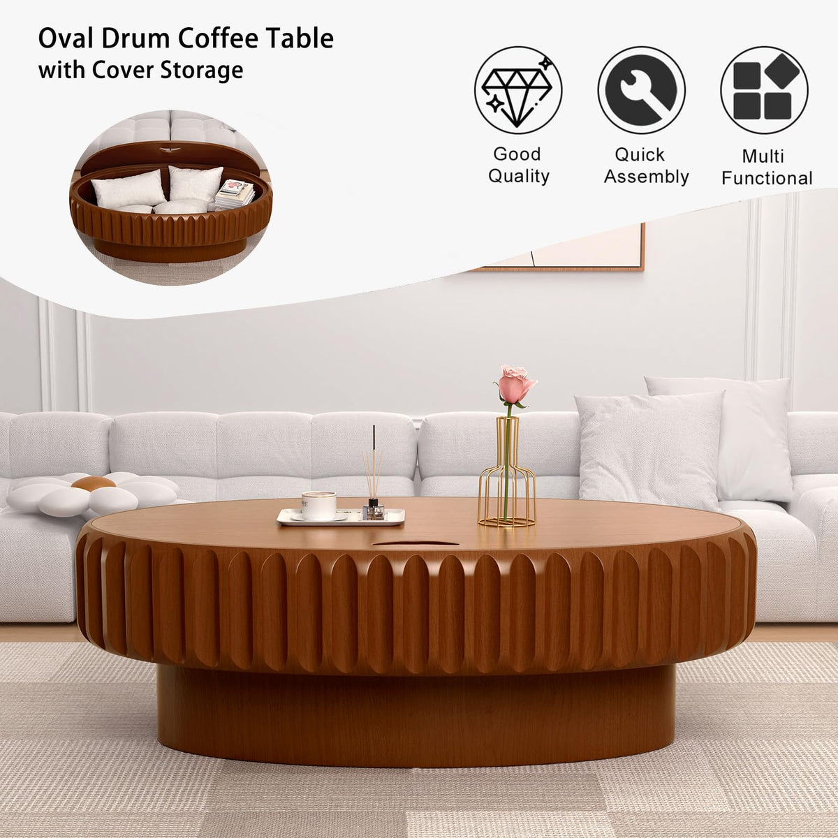 Fluted Drum Solid Wood Coffee Tabler (walnut 100 cm)