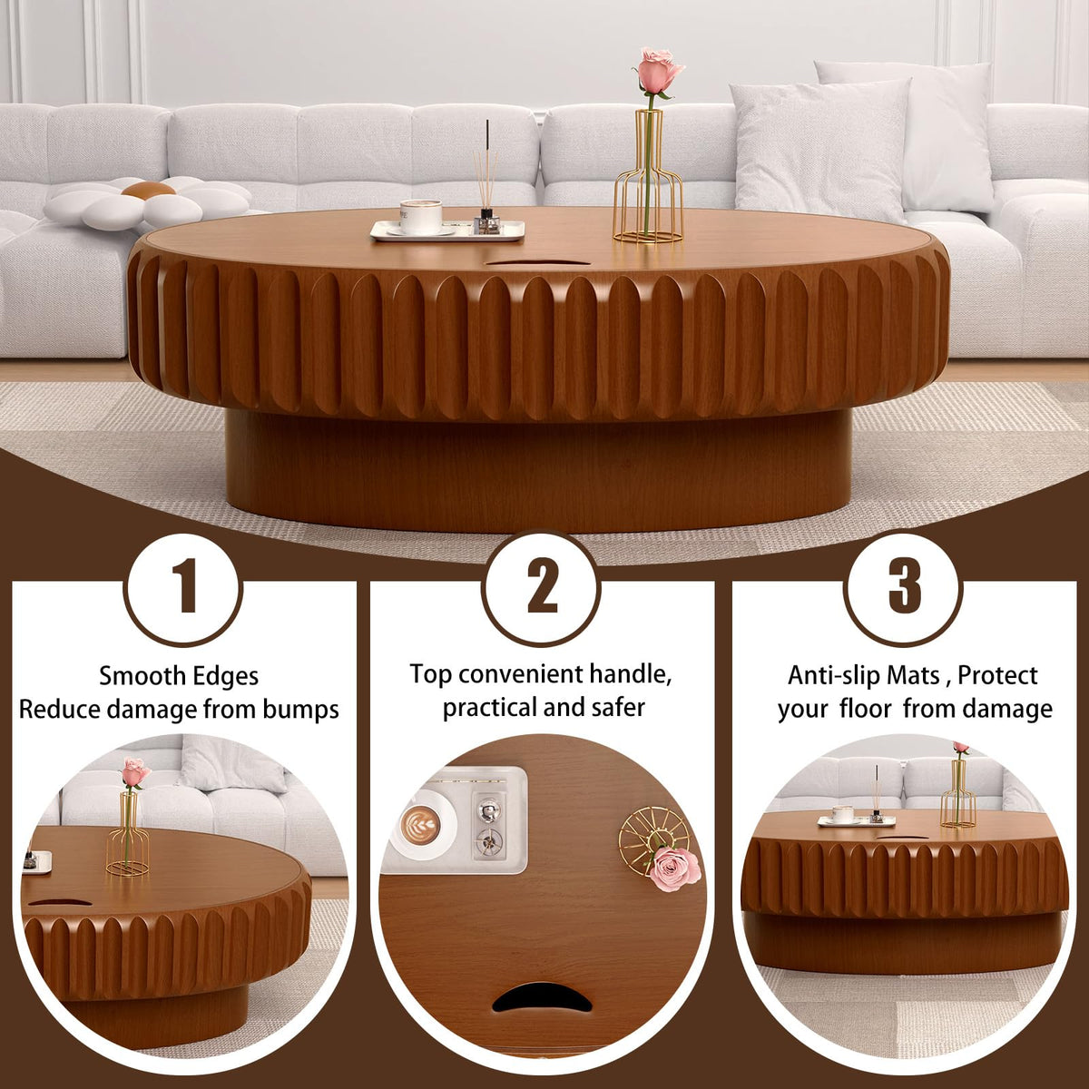 Fluted Drum Solid Wood Coffee Tabler (walnut 100 cm)