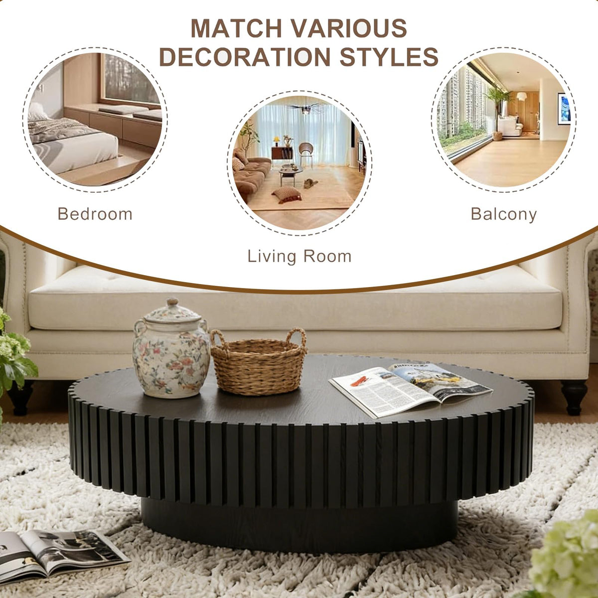 Handmade Modern Oval Fluted Drum Coffee Table (V)