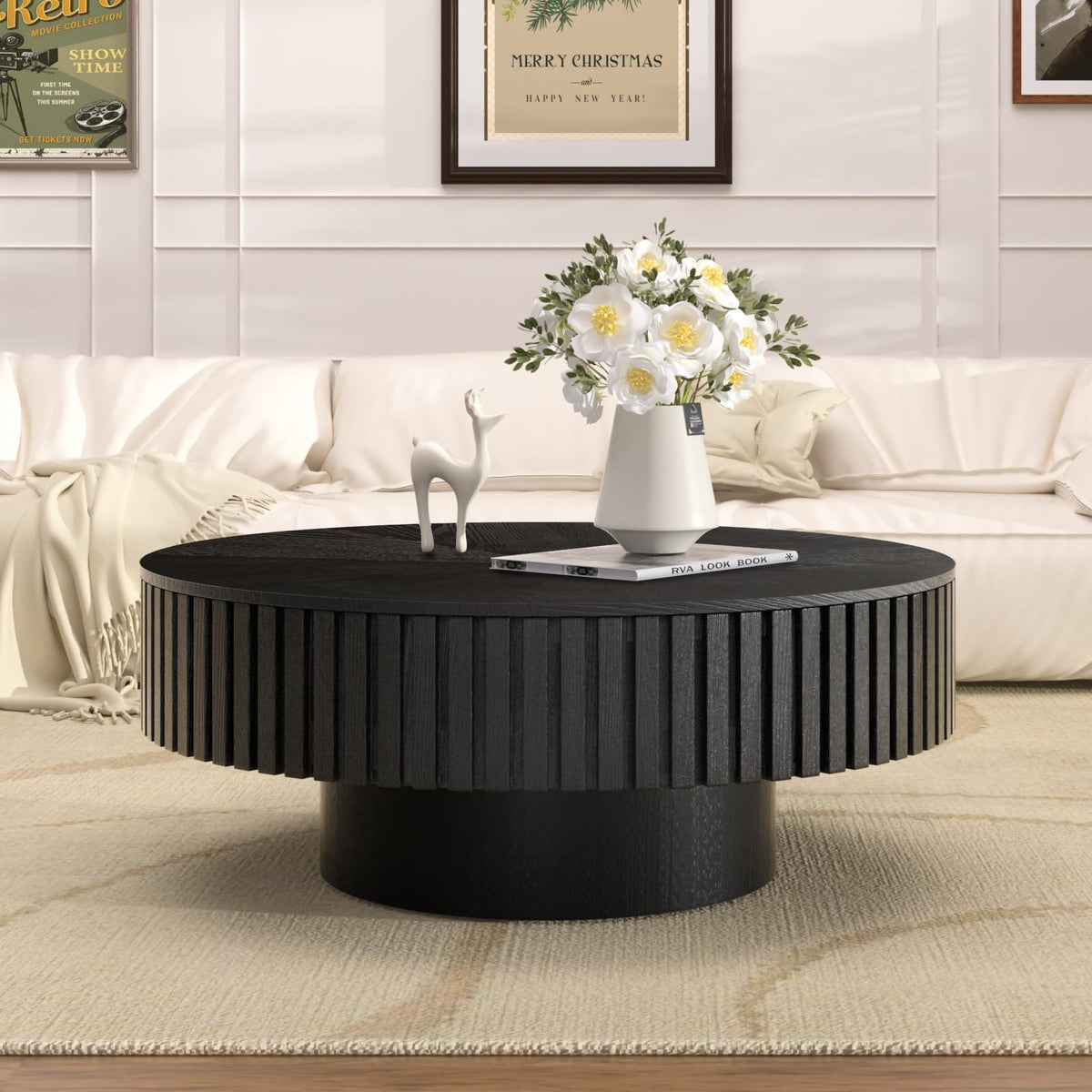 Fluted Drum Solid Wood Coffee Tabler (walnut 100 cm)