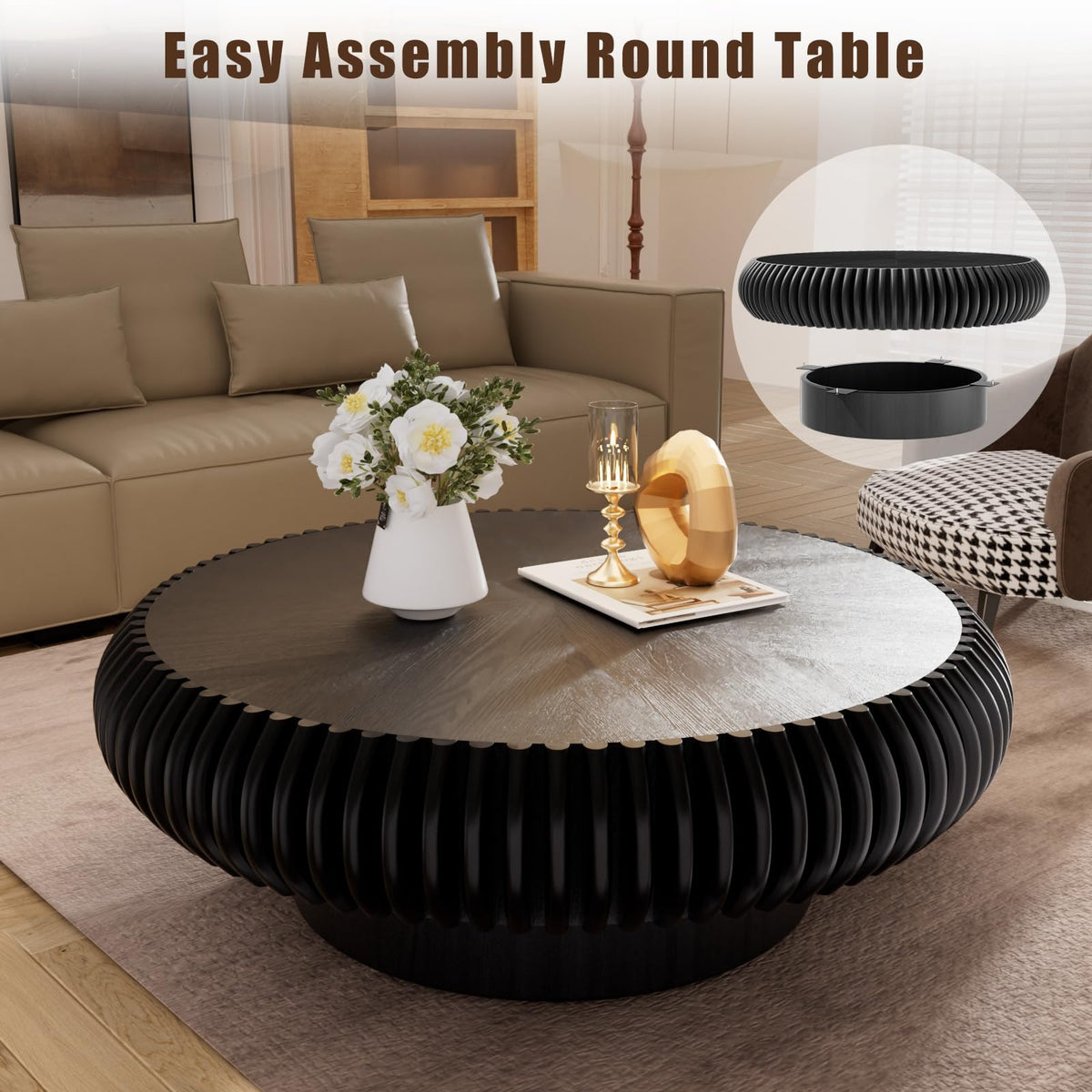 Fluted Drum Solid Wood Coffee Tabler (walnut 100 cm)