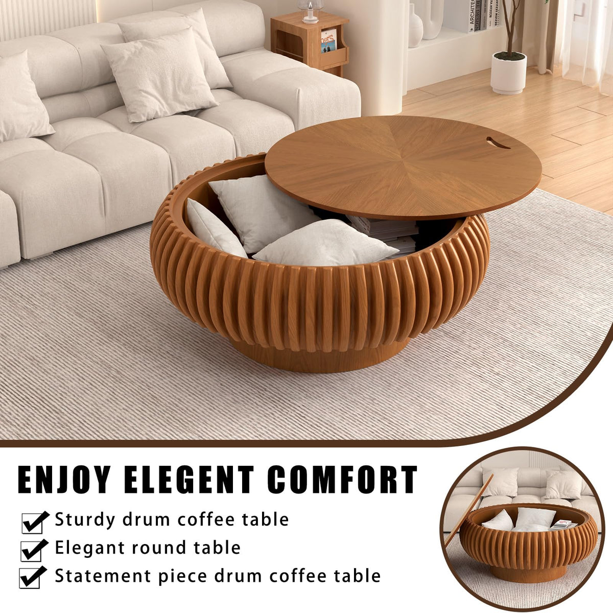 Fluted Drum Solid Wood Coffee Tabler (walnut 100 cm)