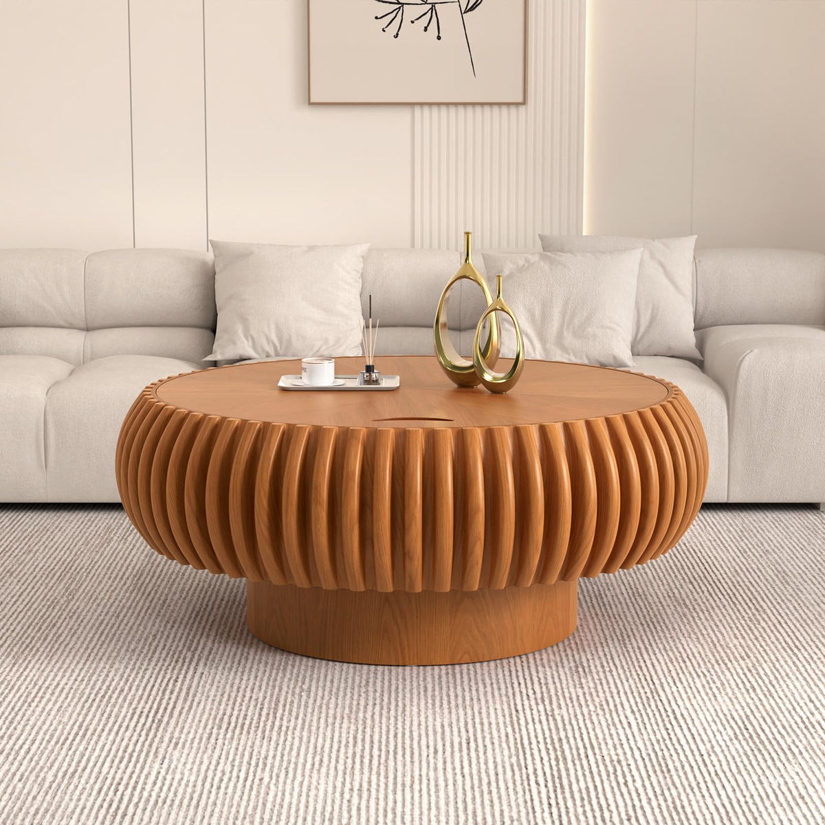 Fluted Drum Solid Wood Coffee Tabler (walnut 100 cm)