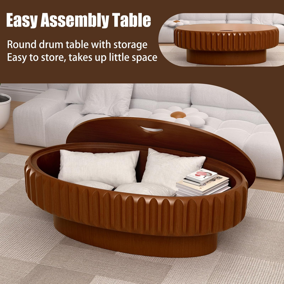 Fluted Drum Solid Wood Coffee Tabler (walnut 100 cm)