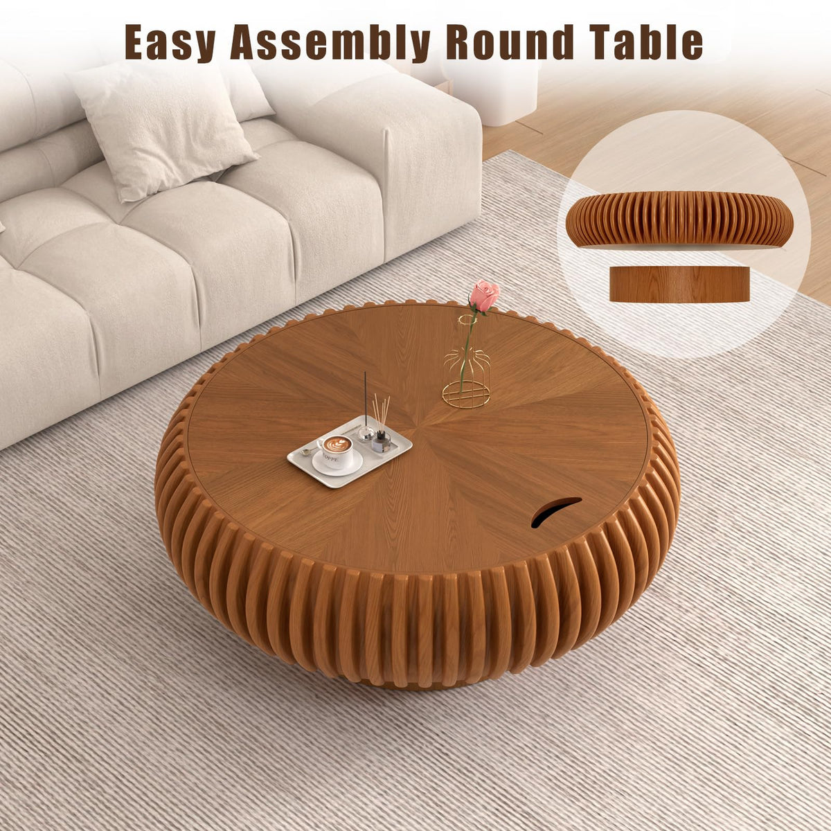Fluted Drum Solid Wood Coffee Tabler (walnut 100 cm)