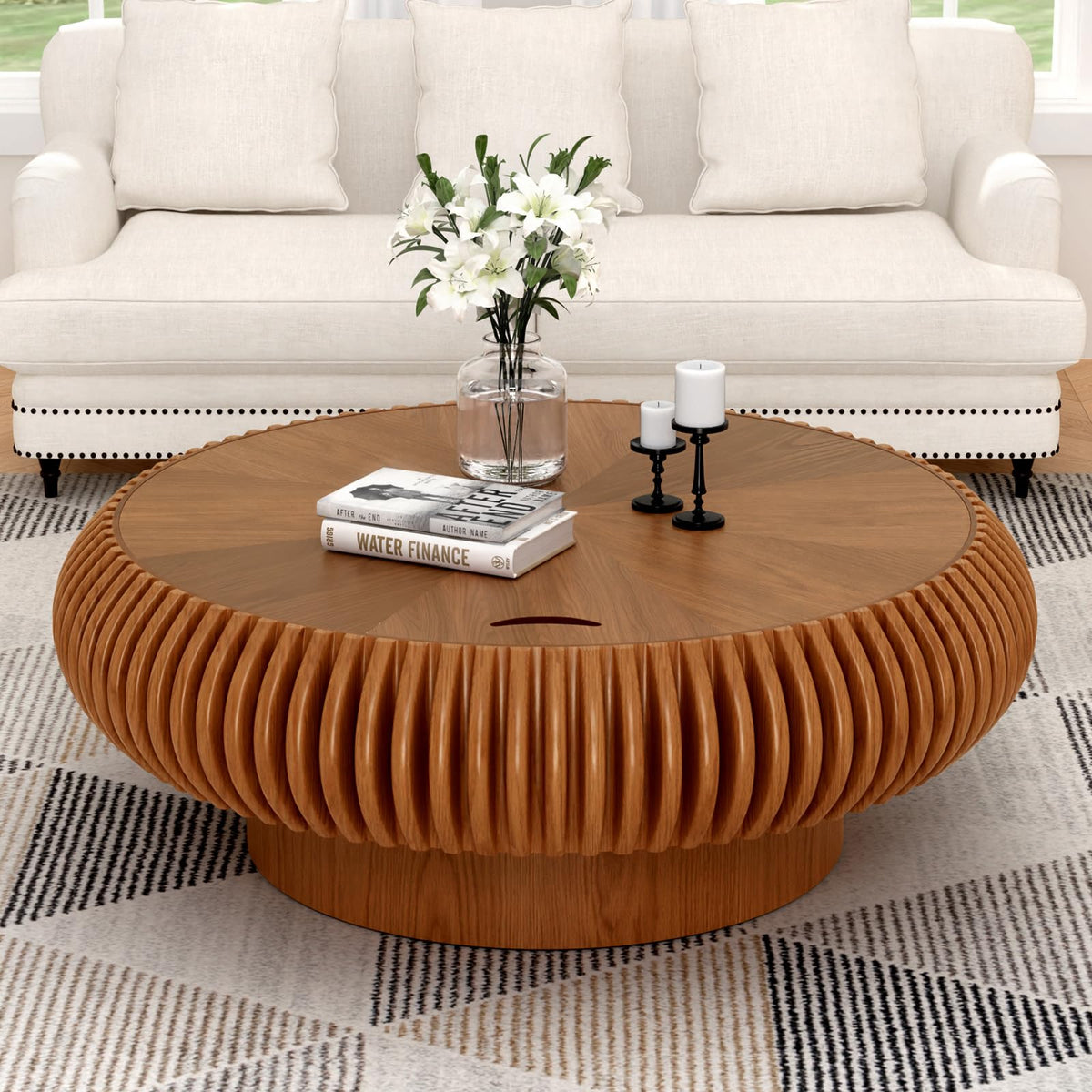 Fluted Drum Solid Wood Coffee Tabler (walnut 100 cm)