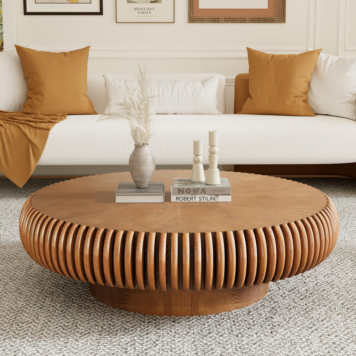 Fluted Drum Solid Wood Coffee Tabler (walnut 100 cm)